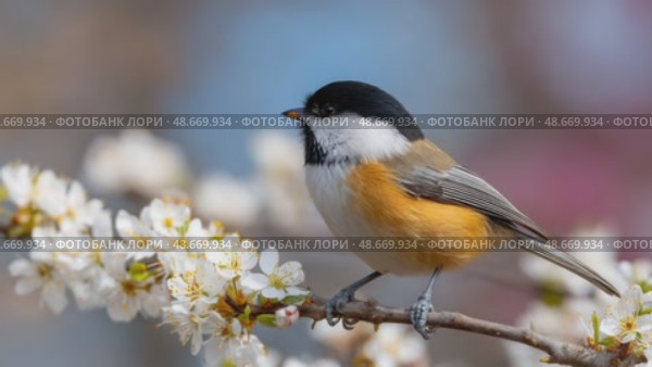 Black capped chickadee perched on blooming branch. Стоковое AI-видео, аниматор Юрий Поздников / Фотобанк Лори