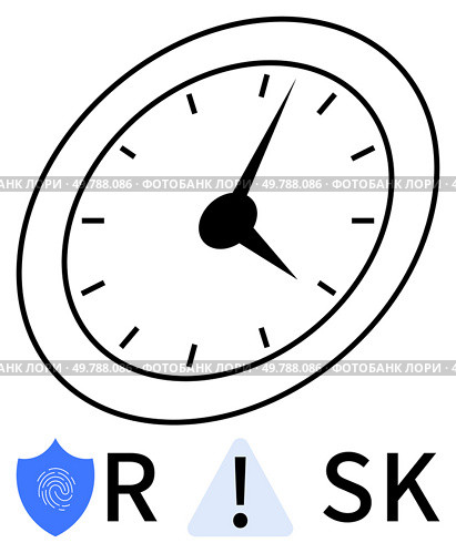 Black clock with arrows, a blue shield with fingerprint, exclamation triangle, and letters R and SK. Ideal for risk assessment, security, time management, project planning, deadline awareness. Clock with Shield, Alert Symbol, and Letters Suggesting Risk in Time Management Context. Стоковая иллюстрация, агентство Ingram Publishing / Фотобанк Лори