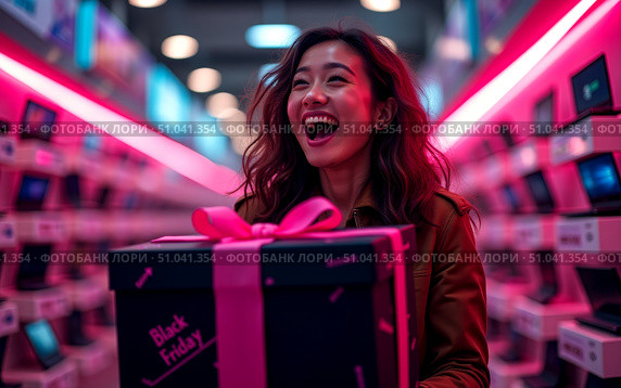 Black Friday bliss: happy woman squeals with joy holding a giant gift box. Стоковое AI-изображение, AI-художник Сергей Бирюков / Фотобанк Лори