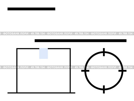 Black horizontal lines, a rectangle with a blue rectangle on top, and a circle with crosshairs. Ideal for mathematics, design concepts, geometry, game design, targeting education abstract art. Line. Geometric Design Featuring Line, Rectangle, and Circle with Target Element. Стоковая иллюстрация, агентство Ingram Publishing / Фотобанк Лори