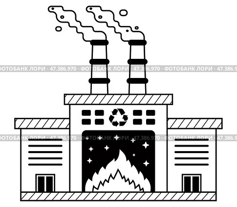 Black icon with pipe and smoke. waste incineration plant. Стоковая иллюстрация, иллюстратор Вячеслав Беспутин / Фотобанк Лори