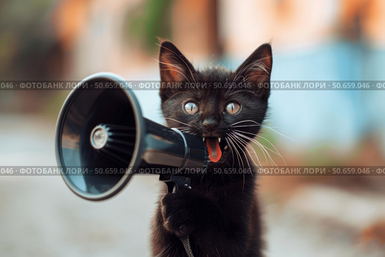 Black kitten speaking into megaphone making announcement. Стоковое AI-изображение, AI-художник Иван Рябоконь / Фотобанк Лори