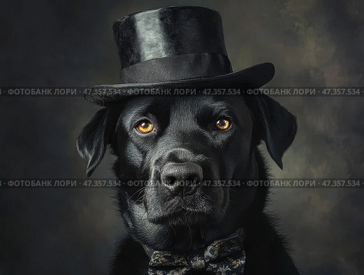 Black labrador dog portrait in top hat and The bow tie, serious look, angry. paint isolated black painted background. Стоковое AI-изображение, AI-художник Julia Shepeleva / Фотобанк Лори