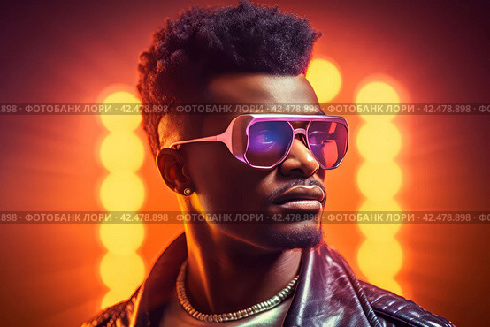 Black man synth wave portrait. Generate Ai. Стоковое AI-изображение, AI-художник Иван Рябоконь / Фотобанк Лори