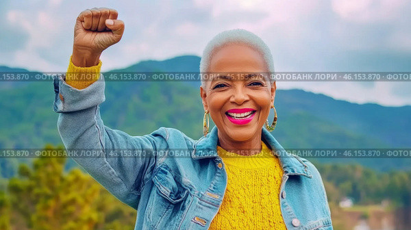 Black mature woman outdoors with raised fist of empowerment, strength and women solidarity, International Womens Day, Black History Month concept. Стоковое AI-изображение, AI-художник Анастасия Золотницкая / Фотобанк Лори