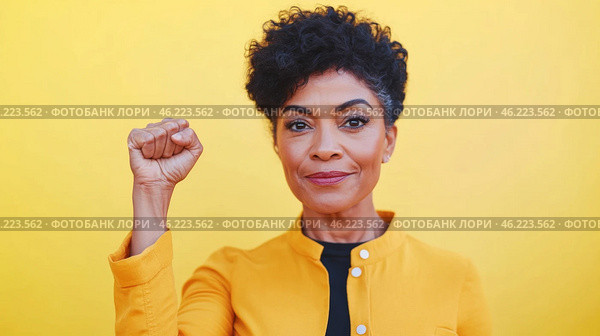 Black mature woman with raised fist of empowerment, strength and women solidarity, International Womens Day, Black History Month concept. Стоковое AI-изображение, AI-художник Анастасия Золотницкая / Фотобанк Лори