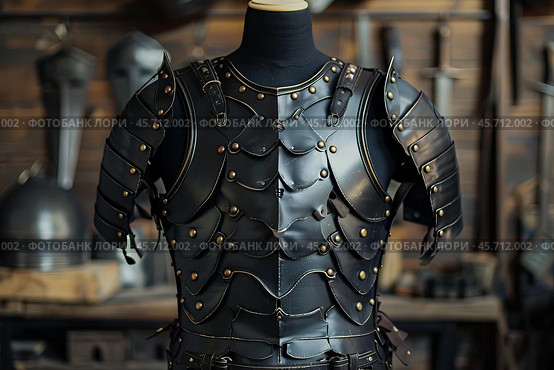 Black metal breastplate with pauldrons on mannequin in medieval workshop. Стоковое AI-изображение, AI-художник Иван Рябоконь / Фотобанк Лори