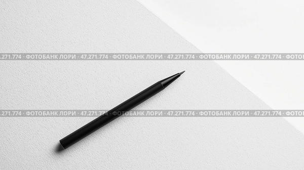 Black pen resting on a clean, white surface among notes and stationery in a workspace setting. Черная ручка лежит на безупречно белой поверхности, создавая впечатление рабочего пространства, готового для письма или мозгового штурма идей. Простота подчеркивает продуктивность и сосредоточенность. Стоковое AI-изображение, AI-художник Katsiaryna Repich / Фотобанк Лори