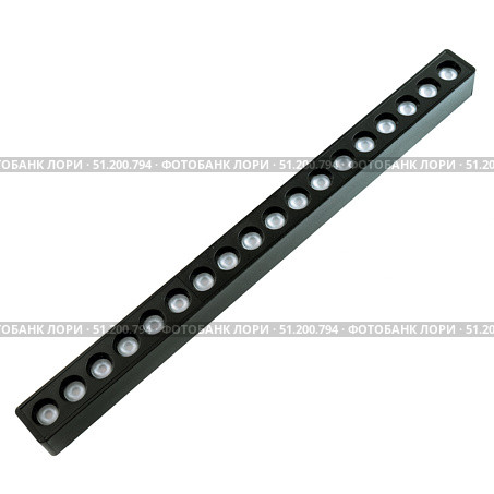 Black track light with rectangular housing and round LED modules, neutral glow, isolated on white background for catalog and interior design use. Стоковое фото, фотограф Татьяна Терехина / Фотобанк Лори