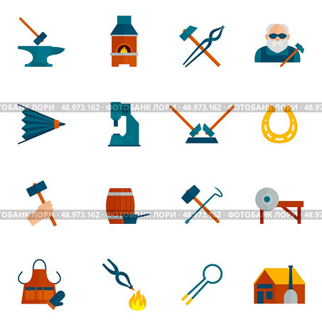 Blacksmith icon flat set with hammer blower fireplace horseshoe isolated vector illustration. Стоковая иллюстрация, агентство Ingram Publishing / Фотобанк Лори