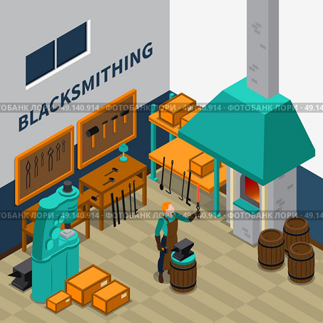 Blacksmith Shop Facility Indoor Isometric Poster . Blacksmith forging wrought iron on anvil isometric poster with smith shop tools materials and machinery vector illustration  . Стоковая иллюстрация, агентство Ingram Publishing / Фотобанк Лори