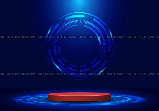 Blank display pedestal stage or red podium for showcase product in futuristic technology demonstration with circle vector HUD, GUI, UI interface screen design blue background. Vector illustration. Стоковая иллюстрация, агентство Ingram Publishing / Фотобанк Лори