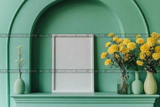 Blank Greeting Card, Invitation Mockup. Front view Yellow Flowers in Vase, Modern Green Wall, Boho Paper Mock Up on Table. Copy Space. Minimal Business Brand Template. Soft Shadow Nordic Flier Design. Стоковое AI-изображение, AI-художник Марина Демидюк / Фотобанк Лори