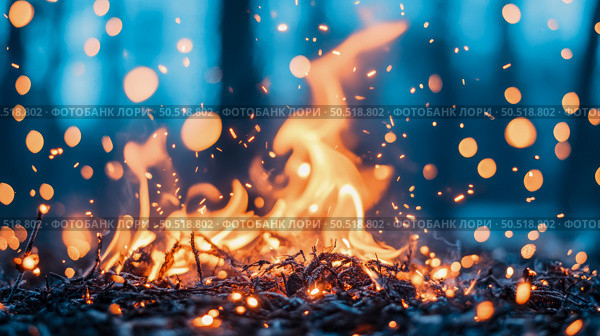 Blazing Embers: A Close-Up of Fiery Combustion with Bokeh Lights. Стоковое AI-изображение, AI-художник Данила Большаков / Фотобанк Лори