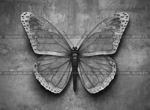 Blending in concept or conformig to surroundings and adapting to new environment as a butterfly on a wall with camouflage texture to hide from predators with 3D illusrtration elements. Стоковое фото, агентство Ingram Publishing / Фотобанк Лори