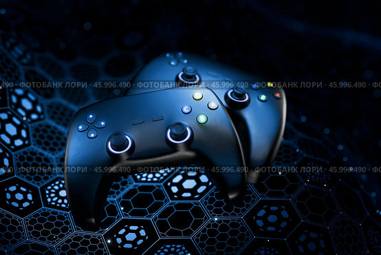 Blockchain game concept. Gamepad on dark background and empty space for design. Esports. Video games. Gaming joystick on technological background. Finance in games. 3D rendering. Стоковая иллюстрация, иллюстратор Alexander / Фотобанк Лори