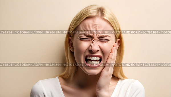 Blonde screams from toothache and holds her cheek. Стоковое AI-изображение, AI-художник Андрей Митин / Фотобанк Лори