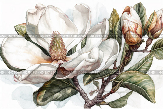 Blooming white magnolia isolated on white background, watercolor painting , Generative AI. Стоковое AI-изображение, AI-художник Анна Кривицкая / Фотобанк Лори