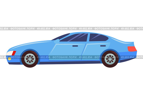 Blue car isolated on white background. Sedan with dark toned glasses. Auto to drive and get your destination quickly. Wheeled motor vehicle used for transportation. Vector illustration in flat style. Car Isolated on White Background, Sedan Vehicle. Стоковая иллюстрация, агентство Ingram Publishing / Фотобанк Лори