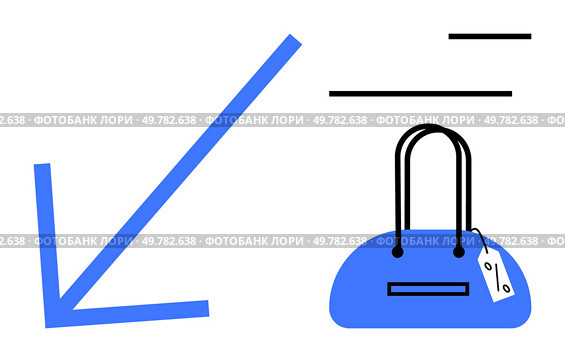 Blue handbag with handle and price tag beside downward blue arrow and black lines representing decreased prices or discounts. Ideal for sales promotions, retail advertising, shopping deals, fashion. Blue handbag with price tag and downward arrow suggesting price markdown. Стоковая иллюстрация, агентство Ingram Publishing / Фотобанк Лори