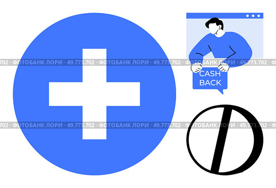 Blue medical cross symbol on the left, man in blue holding cashback sign above a browser window on the right, and prohibition sign below. Ideal for healthcare, finance, marketing, restrictions. Blue medical cross, man promoting cashback, and prohibition symbol with a bar across. Стоковая иллюстрация, агентство Ingram Publishing / Фотобанк Лори