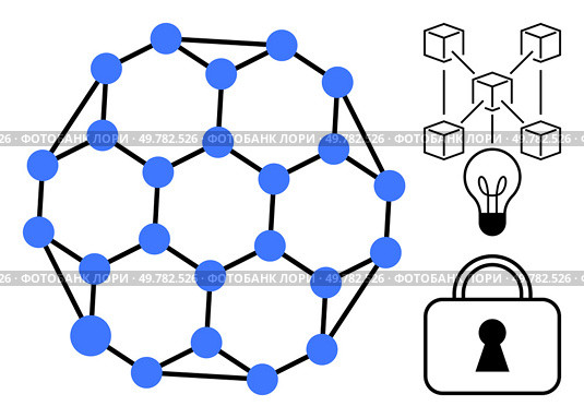 Blue nodes connected in spherical network, decentralized cubes, lightbulb representing idea, and lock icon. Ideal for technology, blockchain, innovation, security, networking decentralization. Blockchain network with blue nodes, decentralized cubes, idea lightbulb, and security lock icon. Стоковая иллюстрация, агентство Ingram Publishing / Фотобанк Лори