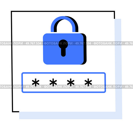 Blue padlock over a password field with asterisks. Context about online security. Ideal for cybersecurity, data protection, password management, encryption, and digital safety campaigns. Flat design. Secure Encryption Password Illustration for Online Security and Data Protection. Стоковая иллюстрация, агентство Ingram Publishing / Фотобанк Лори
