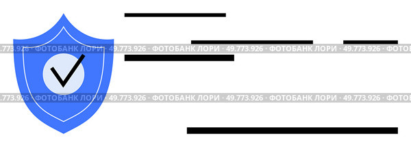 Blue shield with a checkmark represents security and protection. Ideal for internet security, antivirus, data protection, user safety, and verified services concepts. Minimalist and modern style. Blue Shield with Checkmark Symbolizing Security and Protection with Horizontal Lines. Стоковая иллюстрация, агентство Ingram Publishing / Фотобанк Лори