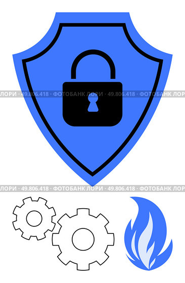 Blue shield with black lock icon in the center, two white gears below, and blue flame symbol to the right. Ideal for cybersecurity, protection, safety, mechanical industries, technology, fire safety. Blue Shield with Lock Icon, Technical Gears, and Blue Flame Symbols Representing Security and Protection. Стоковая иллюстрация, агентство Ingram Publishing / Фотобанк Лори