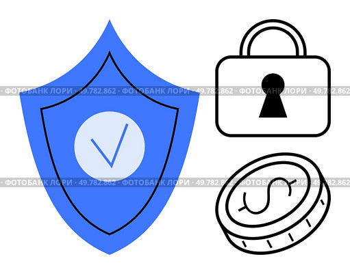 Blue shield with checkmark, black lock, and coin with dollar sign. Ideal for cybersecurity, finance, privacy, secure transactions, digital wallets. Line metaphor. Shield with Checkmark, Lock, and Coin Symbolizing Security, Privacy, and Financial Safety. Стоковая иллюстрация, агентство Ingram Publishing / Фотобанк Лори