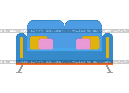 Blue sofa with color pillows isolated on white. Vector interior design, couch piece of furniture, contemporary flat style. Comfortable seat with decor. Blue Sofa with Pillows Isolated Furniture Vector. Стоковая иллюстрация, агентство Ingram Publishing / Фотобанк Лори