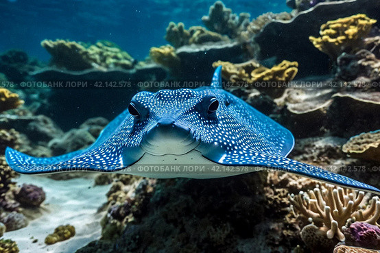 Blue spotted stingray (Myliobatoidei) cartilaginous fish on sandy bottom in tropical underwaters. Skate in underwater wild animal world. Observation of wildlife ocean. Scuba diving in Ecuador coast. Стоковое AI-изображение, AI-художник Aleksandr Golubev / Фотобанк Лори