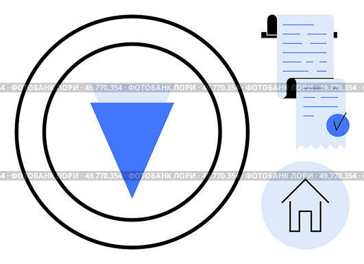 Blue triangle in concentric circles with a receipt and home icon suggests financial management. Ideal for organizations, finance, home budgeting, accounting, and productivity themes. Modern. Blue Triangle with Receipt and Home Icon Signifying Organization. Стоковая иллюстрация, агентство Ingram Publishing / Фотобанк Лори
