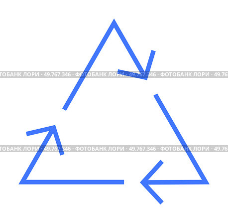 Blue triangular arrows form a continuous loop indicating recycling. Ideal for sustainability, waste reduction, environmental awareness, eco-friendly practices, and circular economy. Simple vector. Blue Triangle with Circular Arrows Representing Continuous Recycling Process in Minimalist Design. Стоковая иллюстрация, агентство Ingram Publishing / Фотобанк Лори