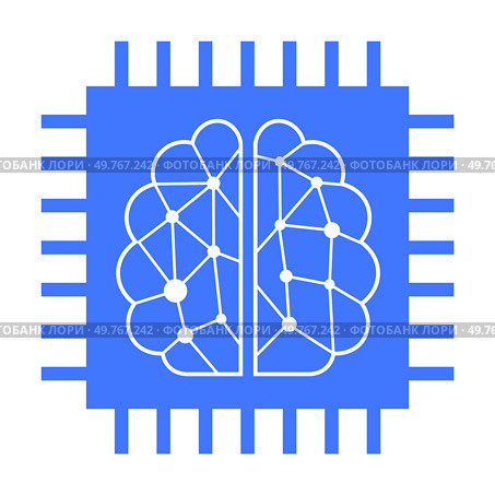 Blue vector image displays a white brain illustration with neural network patterns inside a blue microchip frame. Represents themes of AI, machine learning, neural networks, technology, and electronic. Neural Network Brain Inside a Blue Microchip Frame Representing AI and Machine Learning Concepts. Стоковая иллюстрация, агентство Ingram Publishing / Фотобанк Лори