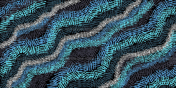 Blue, white, gray small lattices create wavy lines on a black background. The waves are at the same angle. Abstract wavy background. Стоковая иллюстрация, иллюстратор Бузмакова Светлана / Фотобанк Лори