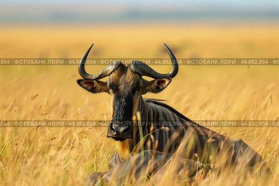 Blue wildebeest resting in tall golden grass. Стоковое AI-изображение, AI-художник Иван Рябоконь / Фотобанк Лори