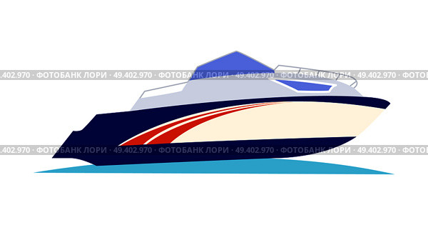 Blue with orange pattern speed motorboat on blue sea water on white background vector illustration. Black outboard motor is installed on the rear. Hull is high and white, starboard is shown. Blue and Orange Speed Motorboat on White Background. Стоковая иллюстрация, агентство Ingram Publishing / Фотобанк Лори