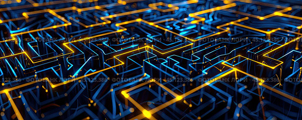 Blue yellow technological surface with luminous bulbs and clear yellow markings to enhance visual appeal. Стоковое AI-изображение, AI-художник Ярославский Максим / Фотобанк Лори