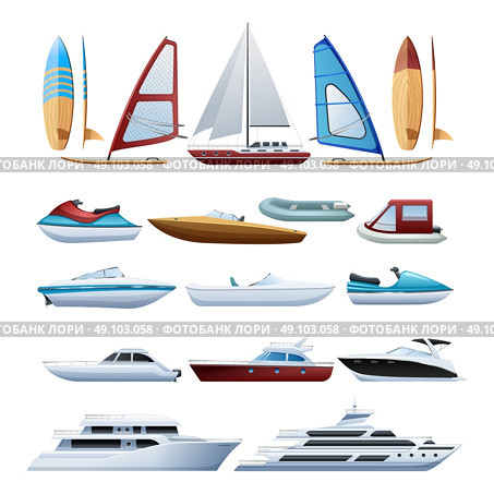 Boats  And Windsurfer Flat Icons Set . Motor boats catamaran windsurfer and sailboat various types of water transport flat icons set abstract isolated vector illustration. Стоковая иллюстрация, агентство Ingram Publishing / Фотобанк Лори