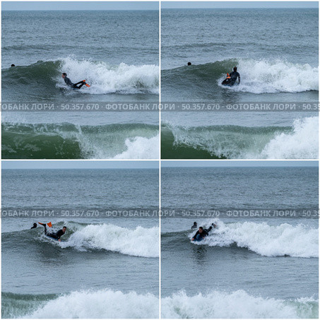 Bodyboarder performing a tube trick surfing ocean wavesurfing ocean wave on a cloudy winter day. Стоковое фото, агентство Ingram Publishing / Фотобанк Лори