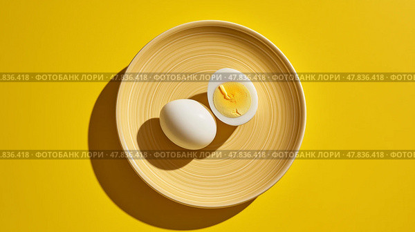 Boiled eggs on a bright yellow plate against a vivid backdrop. Вареные яйца на ярко-желтой тарелке на ярком фоне. Стоковое AI-изображение, AI-художник Katsiaryna Repich / Фотобанк Лори
