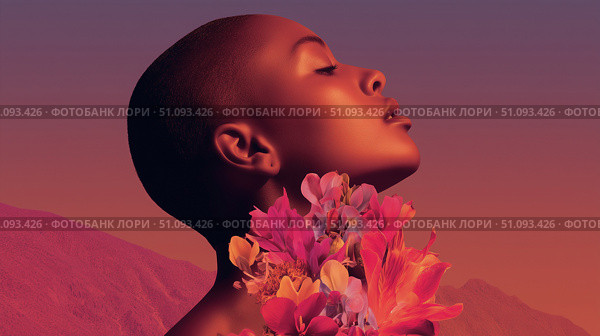 Bold black woman adorned with tropical flowers embodies summer fashion in a vibrant setting. Стоковое AI-изображение, AI-художник Ксения Лаптева / Фотобанк Лори