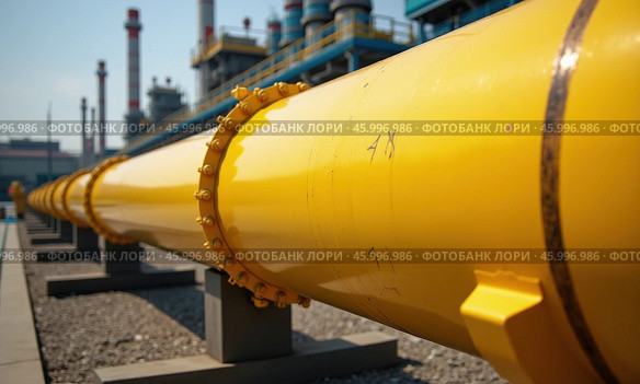Большая, желтая труба газопровода на промышленной территории. Стоковое AI-изображение, AI-художник Илья Старков / Фотобанк Лори