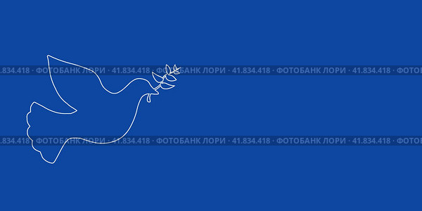 Большой белый контурный символ голубя мира слева. Выполнен в виде тонких белых линий. Иллюстрация на синем фоне. Стоковая иллюстрация, иллюстратор Карпенко Алексей / Фотобанк Лори