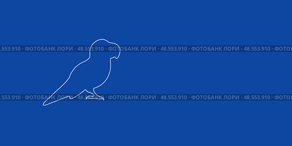Большой белый контурный символ попугая слева. Выполнен в виде тонких белых линий. Иллюстрация на синем фоне. Стоковая иллюстрация, иллюстратор Карпенко Алексей / Фотобанк Лори