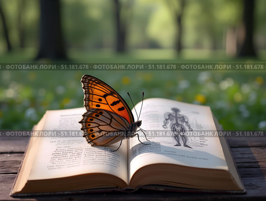 Book lies open on table with bug on pages. Blurred trees and plants in back for school themes. Стоковое AI-изображение, AI-художник Анна Сивакова / Фотобанк Лори