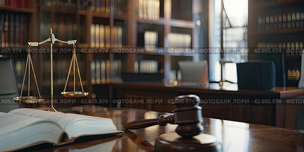 Books on jurisprudence, a judge's hammer and scales in the judge's office. The concept of justice. Стоковое AI-изображение, AI-художник Ярославский Максим / Фотобанк Лори
