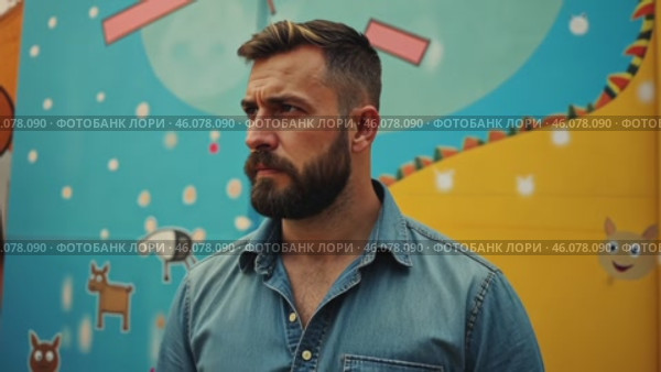 Бородатый, брутальный мужчина в джинсовой рубашке на фоне стены с детскими рисунками. Стоковое AI-видео, аниматор Анжелика Самсонова / Фотобанк Лори