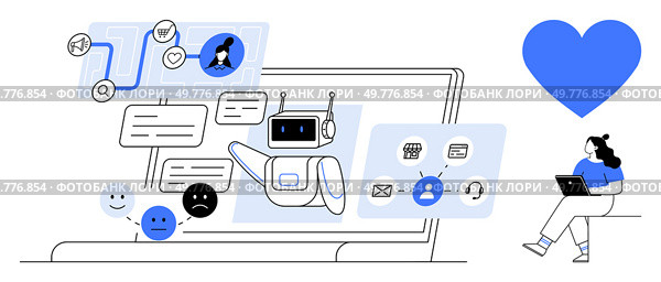 Bot and user chat on laptop against large blue heart. Ideal for tech support, customer service, AI, human-computer interaction, digital communication, client satisfaction, productivity. Line metaphor. Conversational AI supporting customer interactions through chatbot, user sitting with laptop, large heart symbol. Стоковая иллюстрация, агентство Ingram Publishing / Фотобанк Лори
